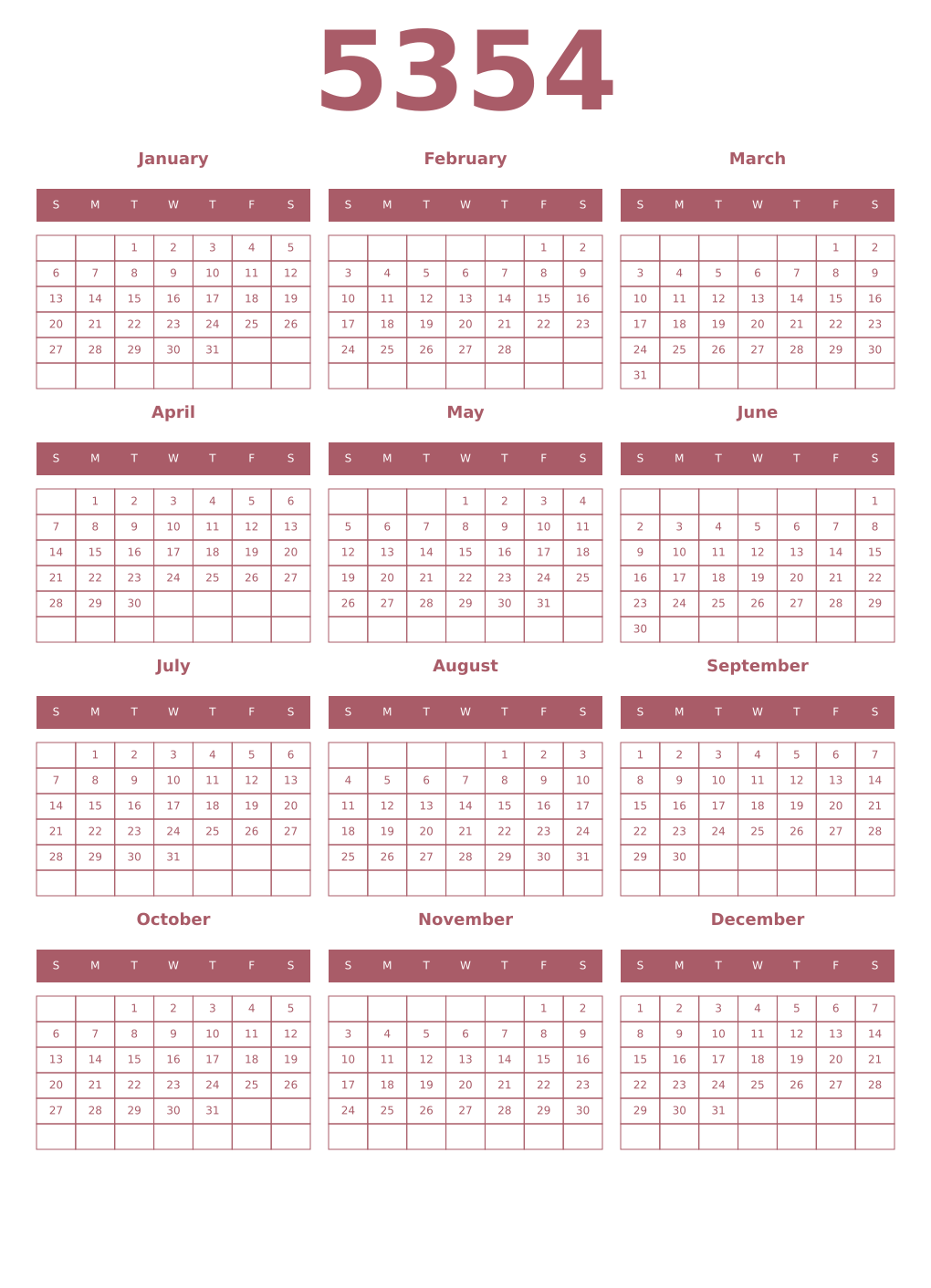 Printable 5354 Year Calendars puce
