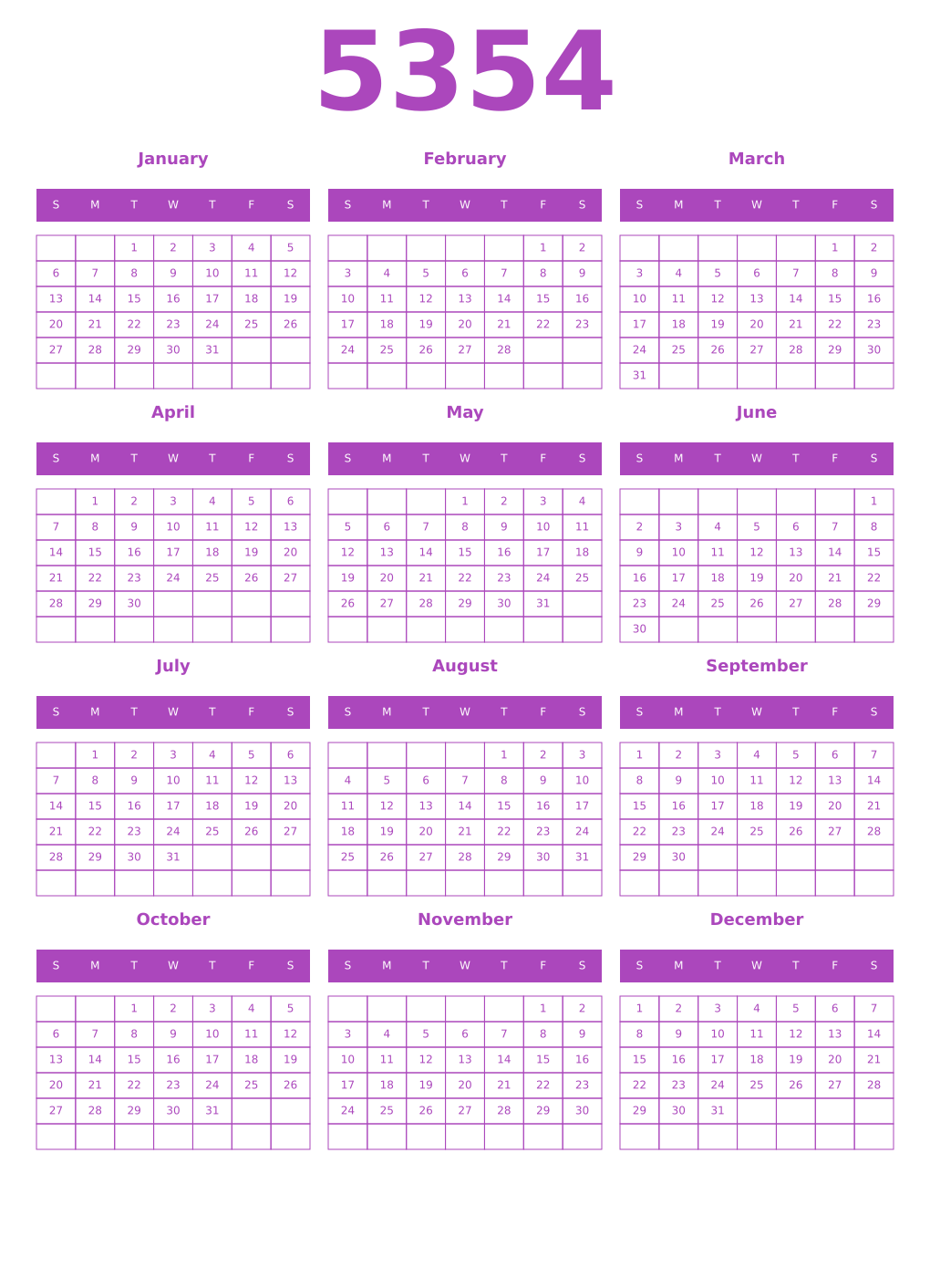 Printable 5354 Year Calendars purple