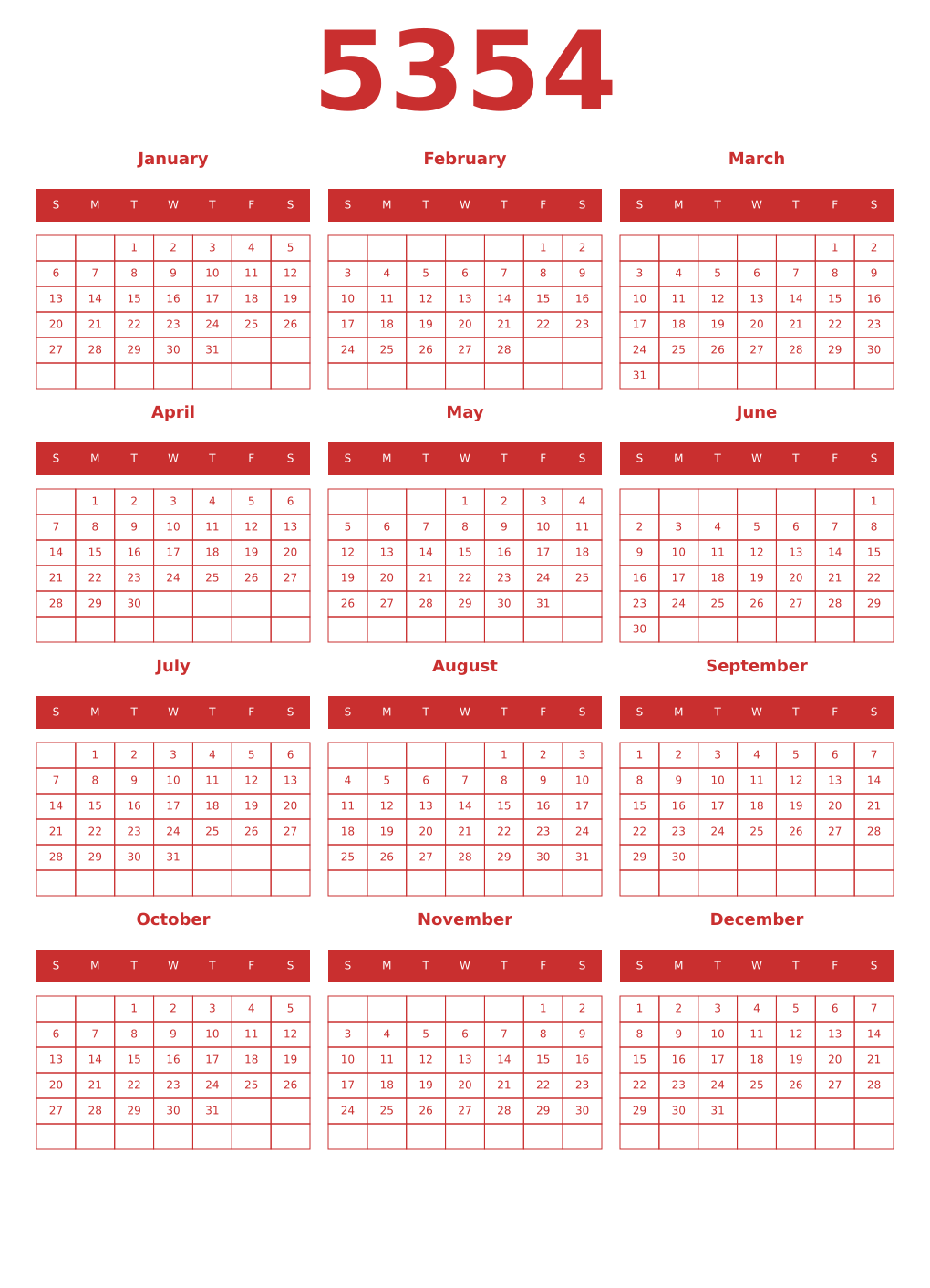Printable 5354 Year Calendars red