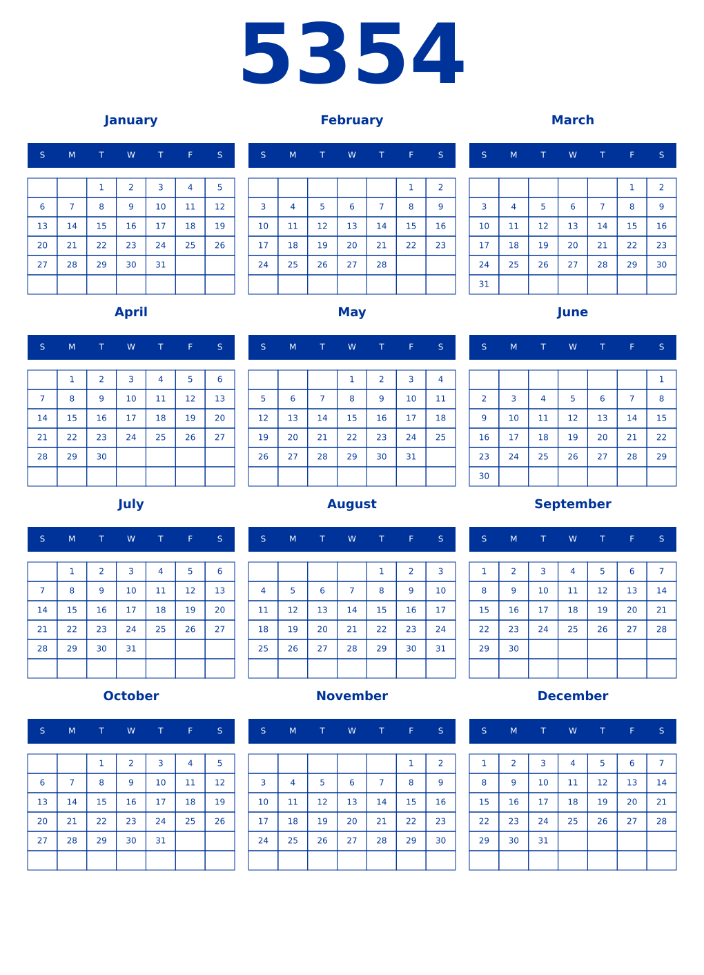 Printable 5354 Year Calendars smalt