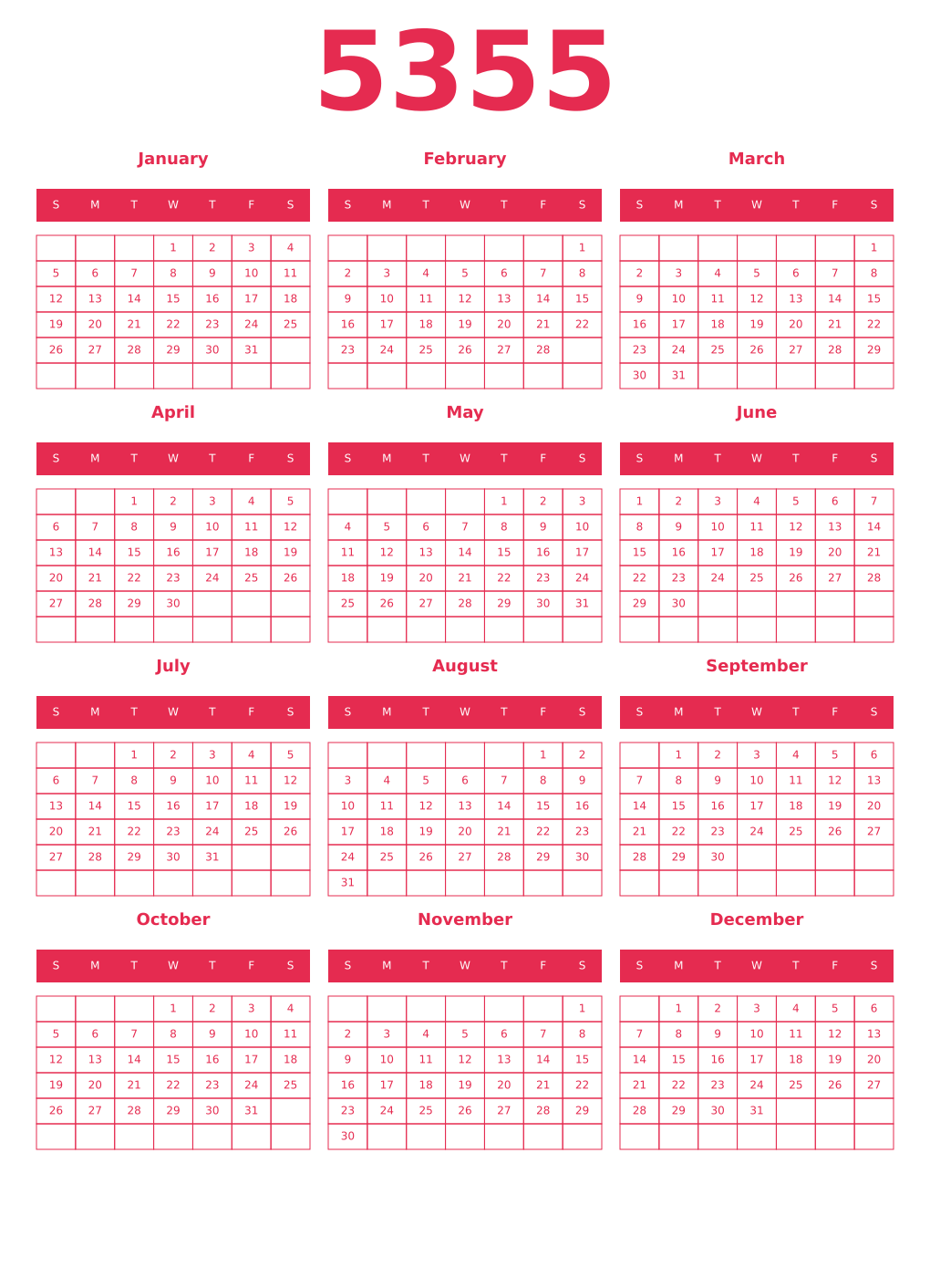 Printable 5355 Year Calendars amaranth