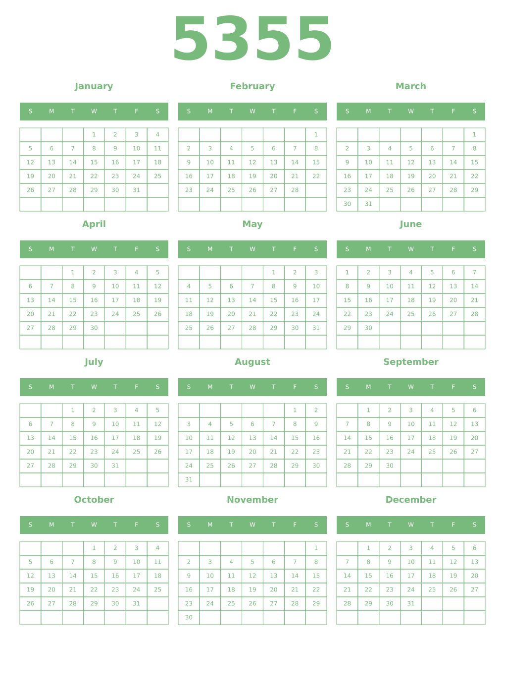 Printable 5355 Year Calendars celadon