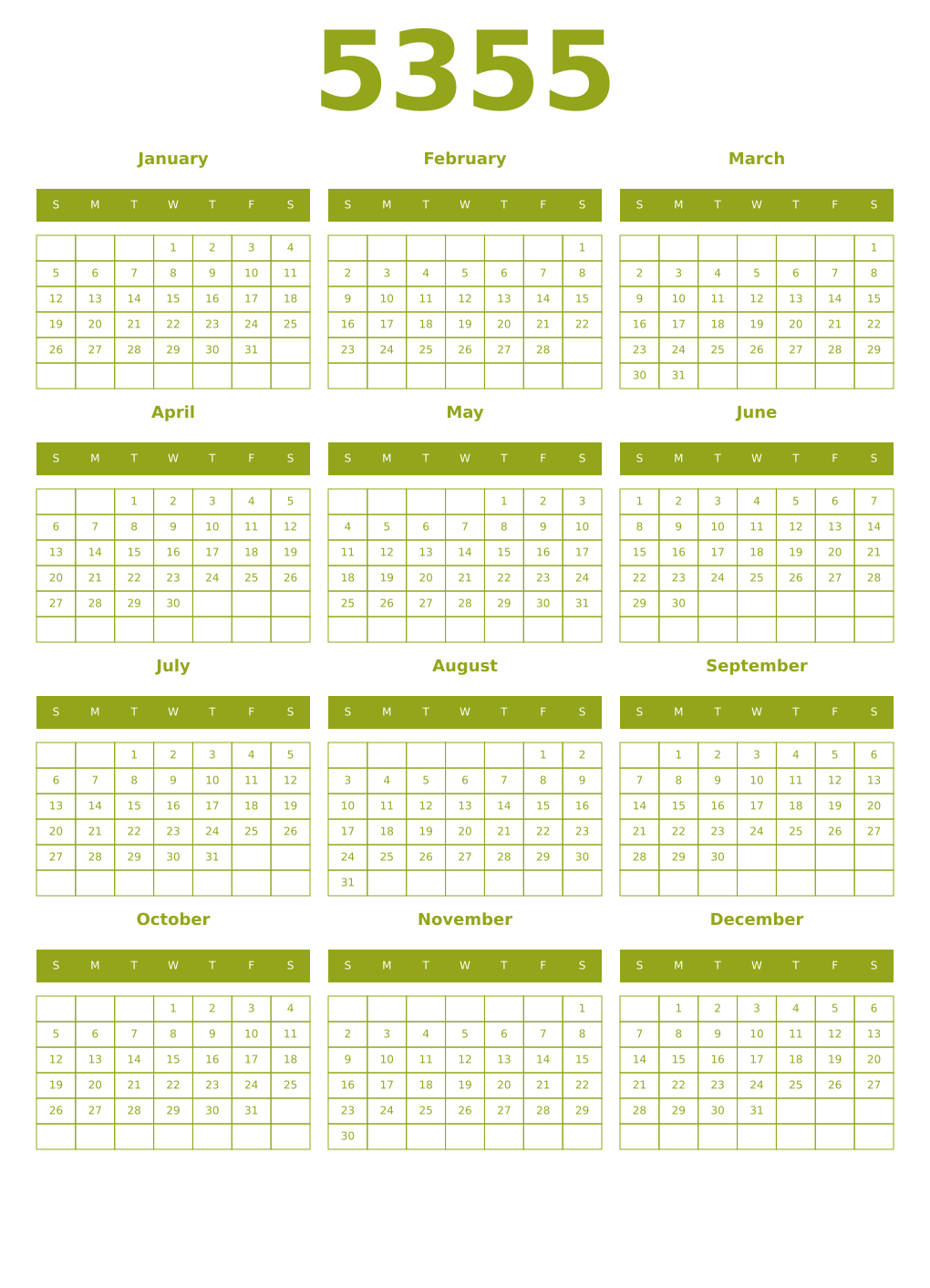 Printable 5355 Year Calendars chartreuse