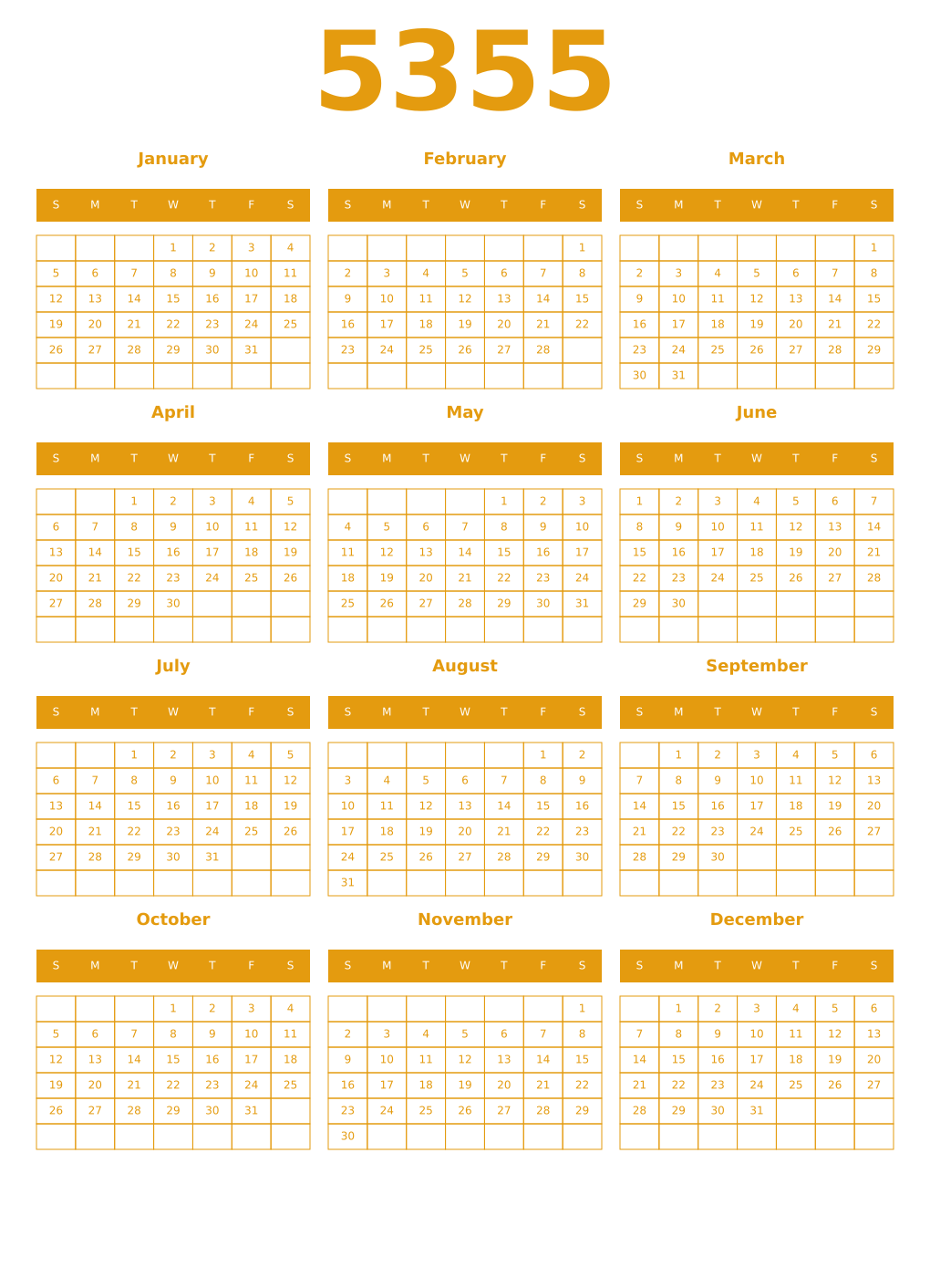 Printable 5355 Year Calendars gamboge