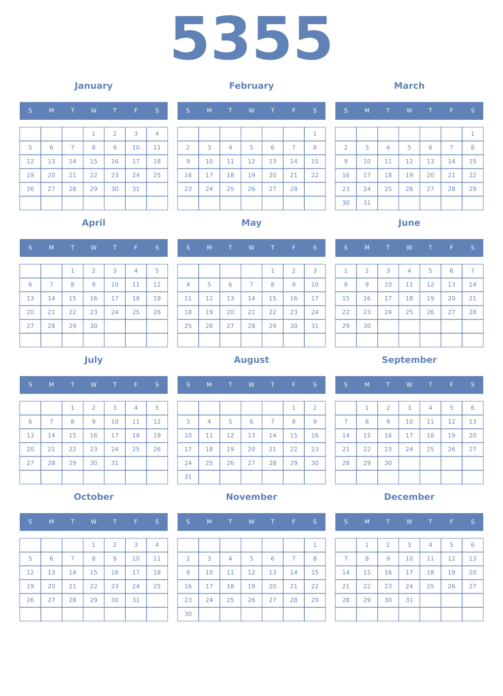 Printable 5355 Year Calendars glaucous
