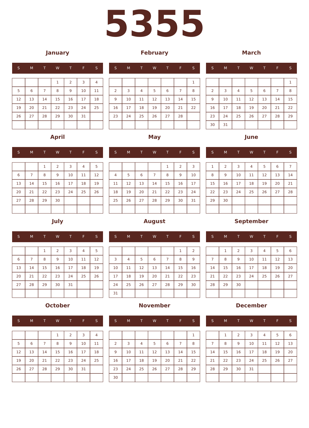 Printable 5355 Year Calendars mortuum