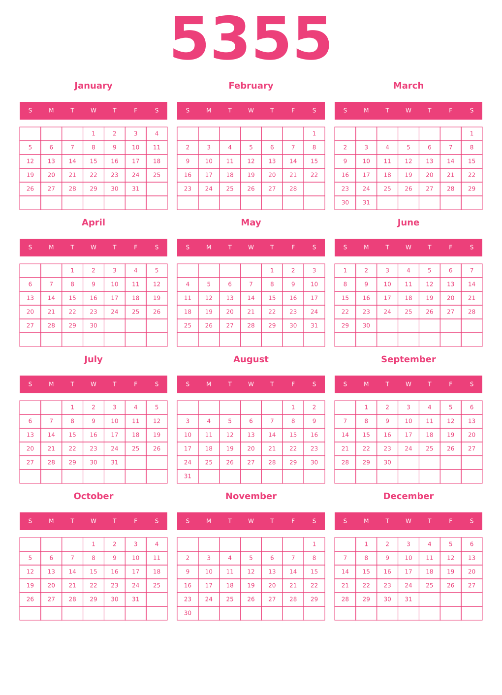 Printable 5355 Year Calendars pink