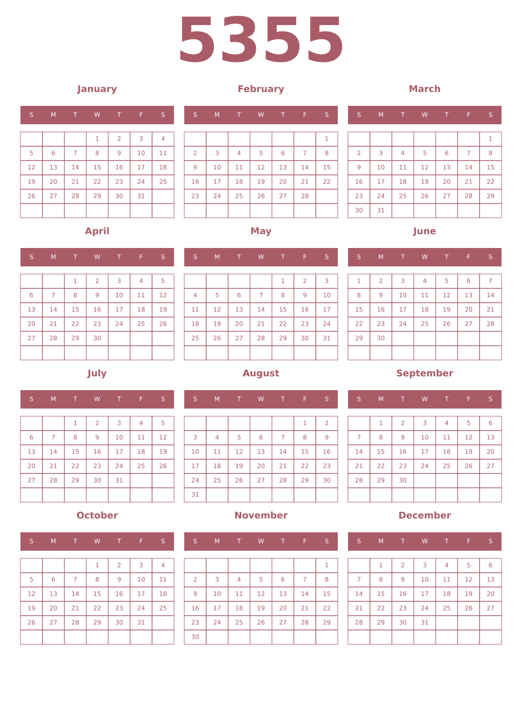 Printable 5355 Year Calendars puce