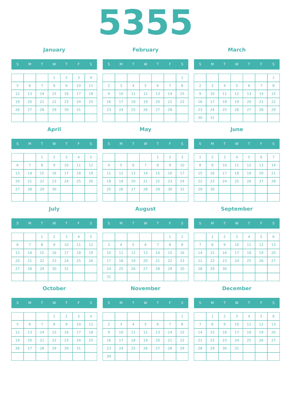 Printable 5355 Year Calendars verdigris