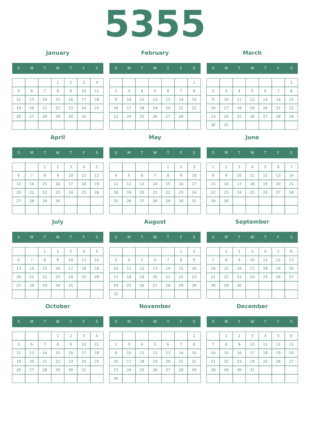 Printable 5355 Year Calendars viridian