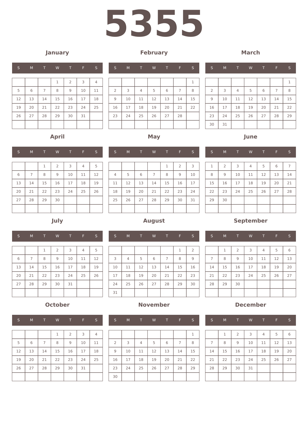 Printable 5355 Year Calendars wenge