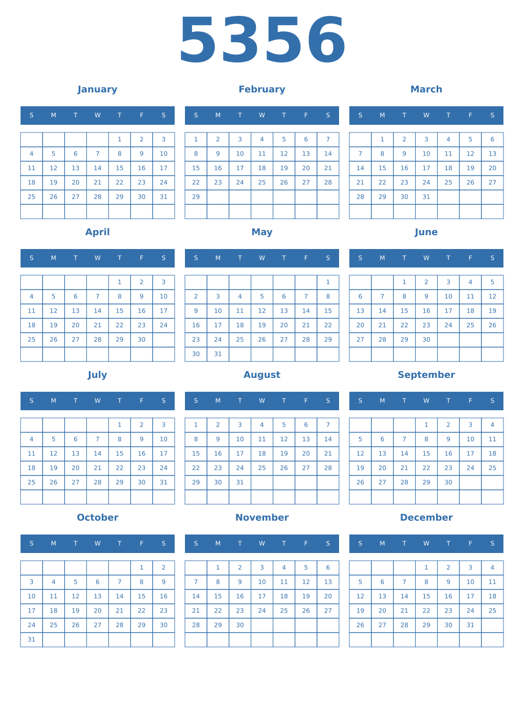 Printable 5356 Year Calendars blue