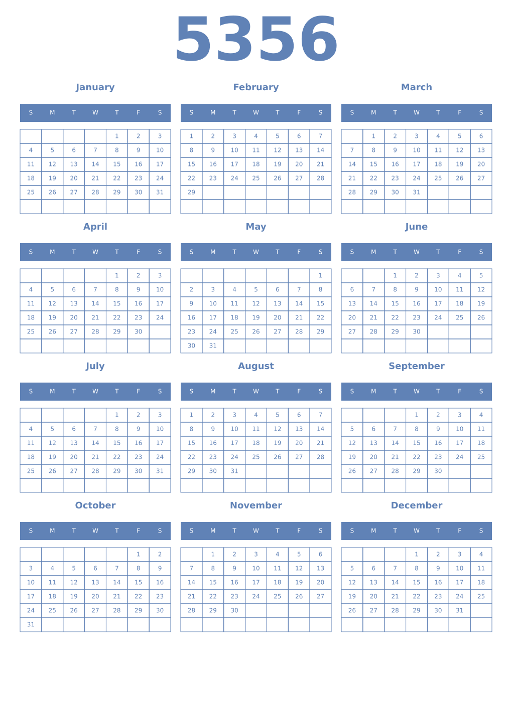 Printable 5356 Year Calendars glaucous