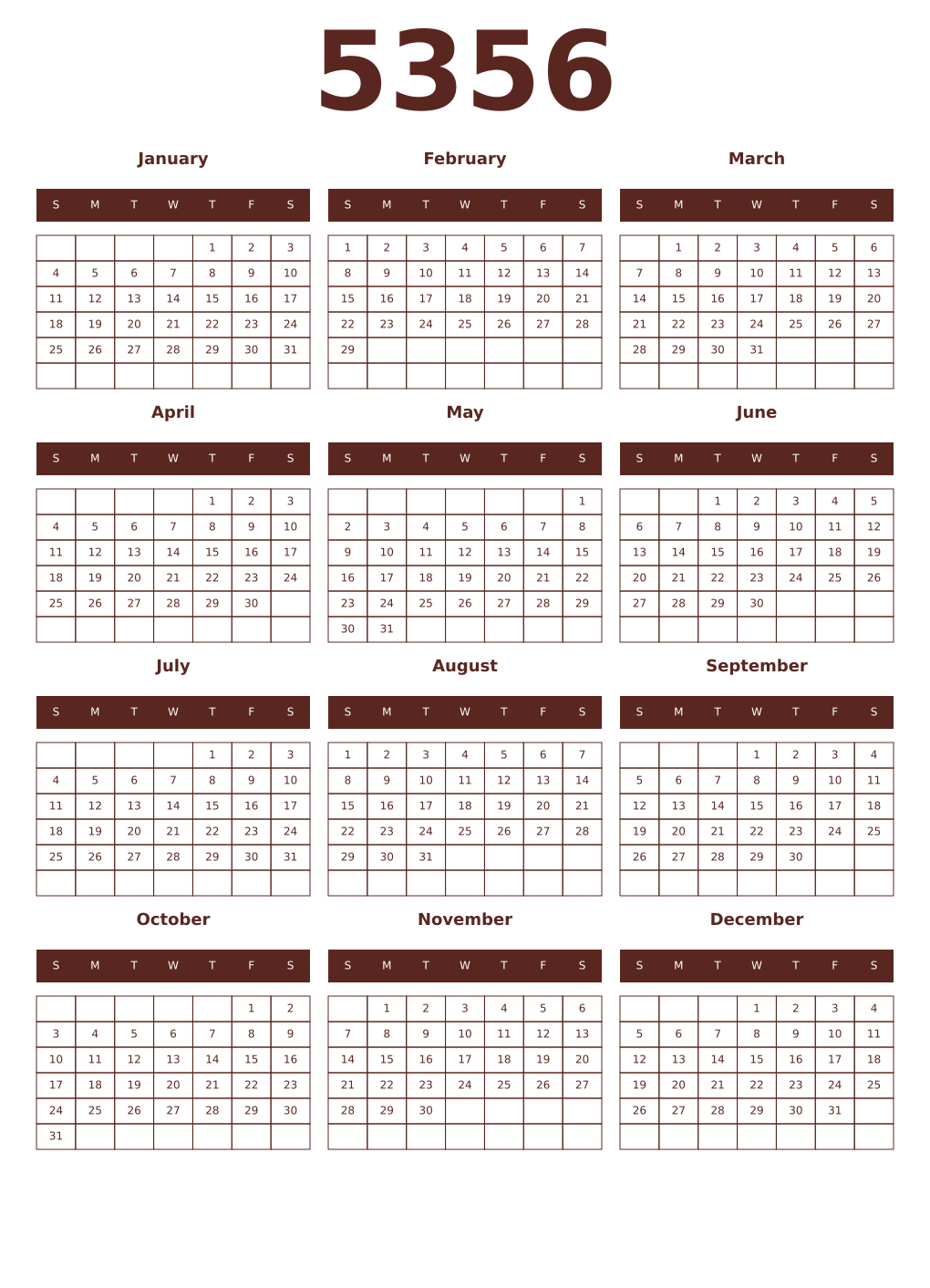 Printable 5356 Year Calendars mortuum
