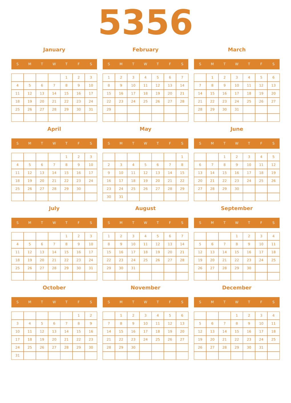 Printable 5356 Year Calendars orange