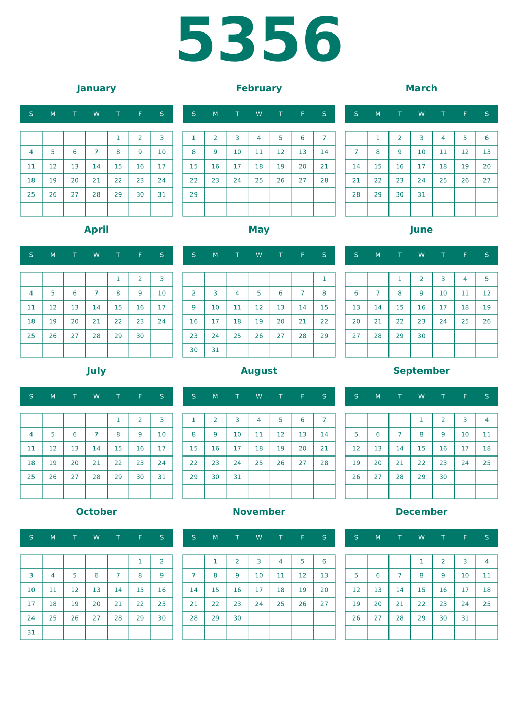Printable 5356 Year Calendars pastel