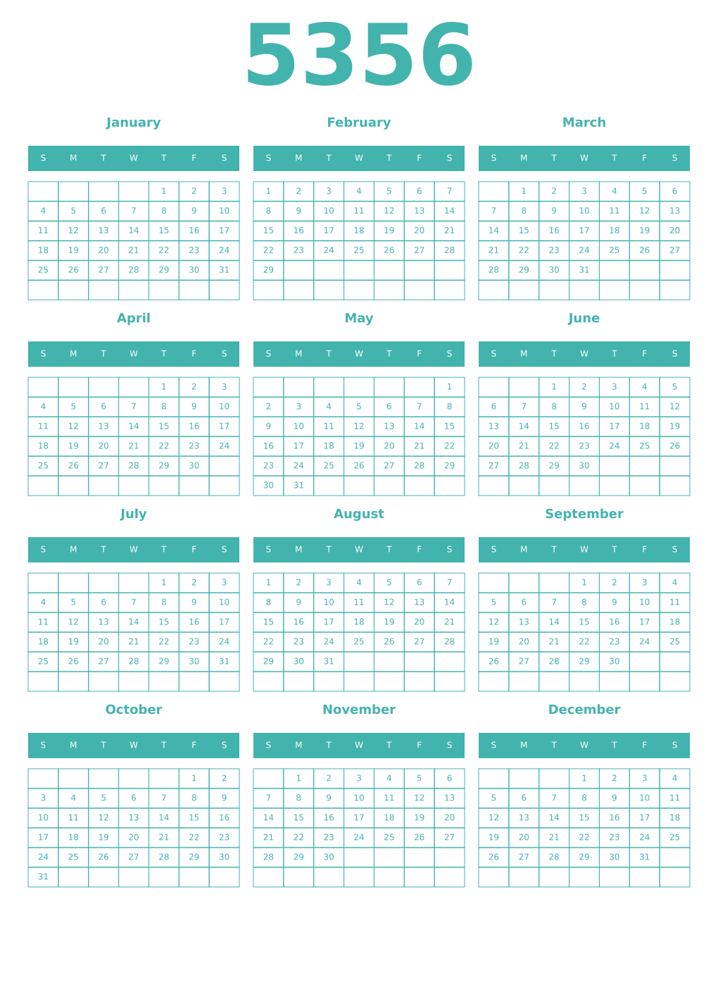 Printable 5356 Year Calendars verdigris