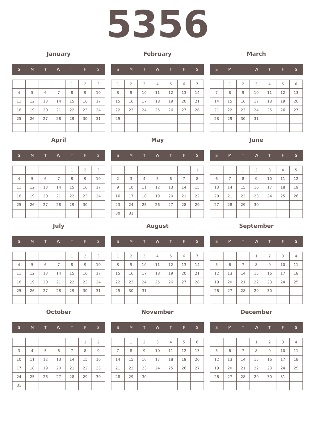 Printable 5356 Year Calendars wenge