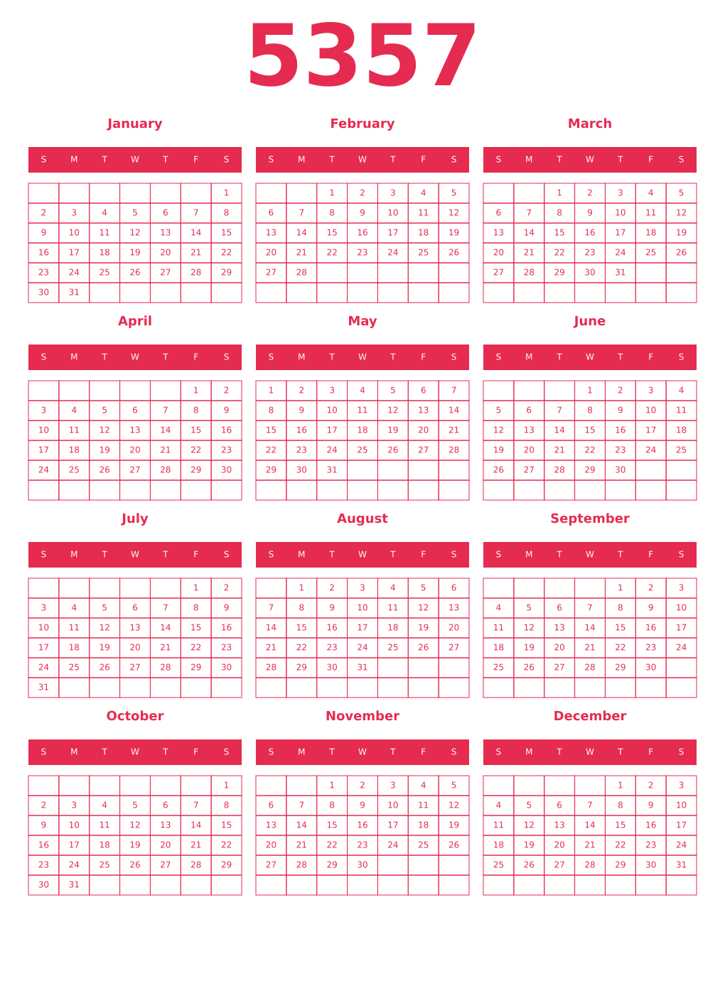 Printable 5357 Year Calendars amaranth