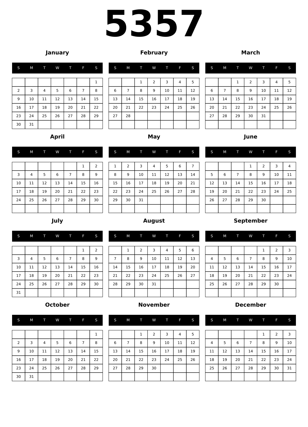 Printable 5357 Year Calendars black