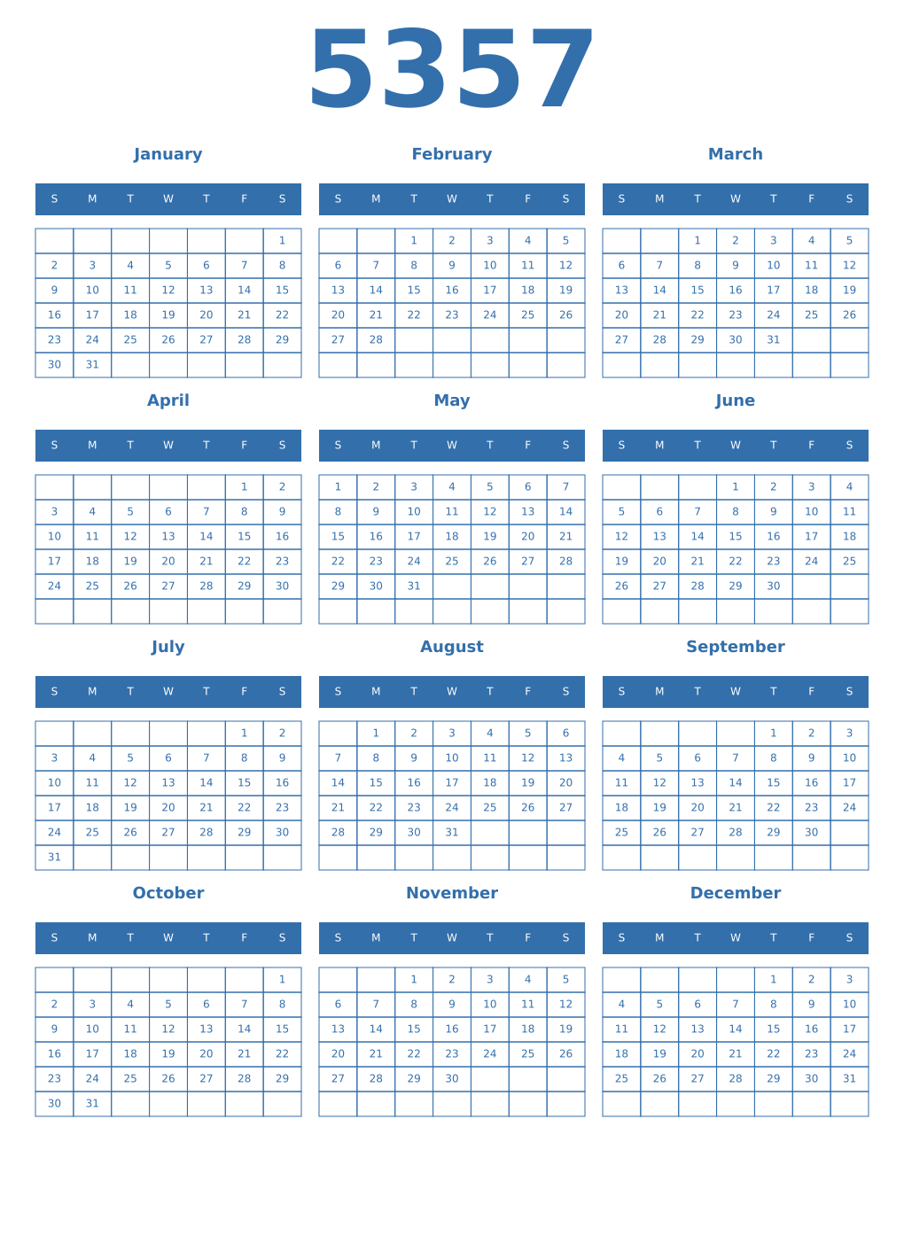 Printable 5357 Year Calendars blue