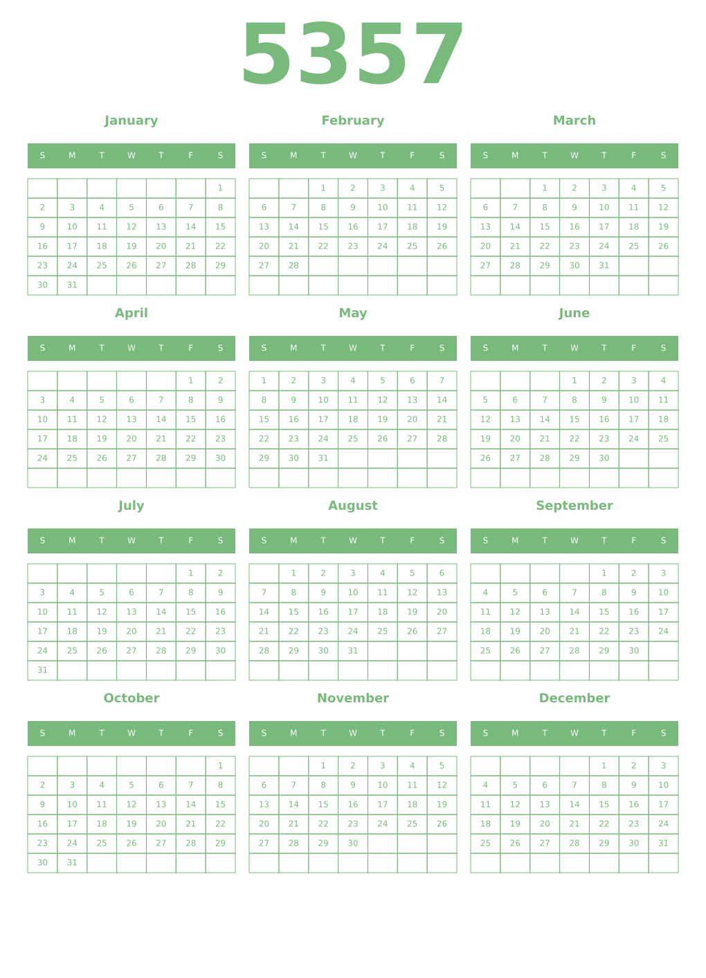 Printable 5357 Year Calendars celadon