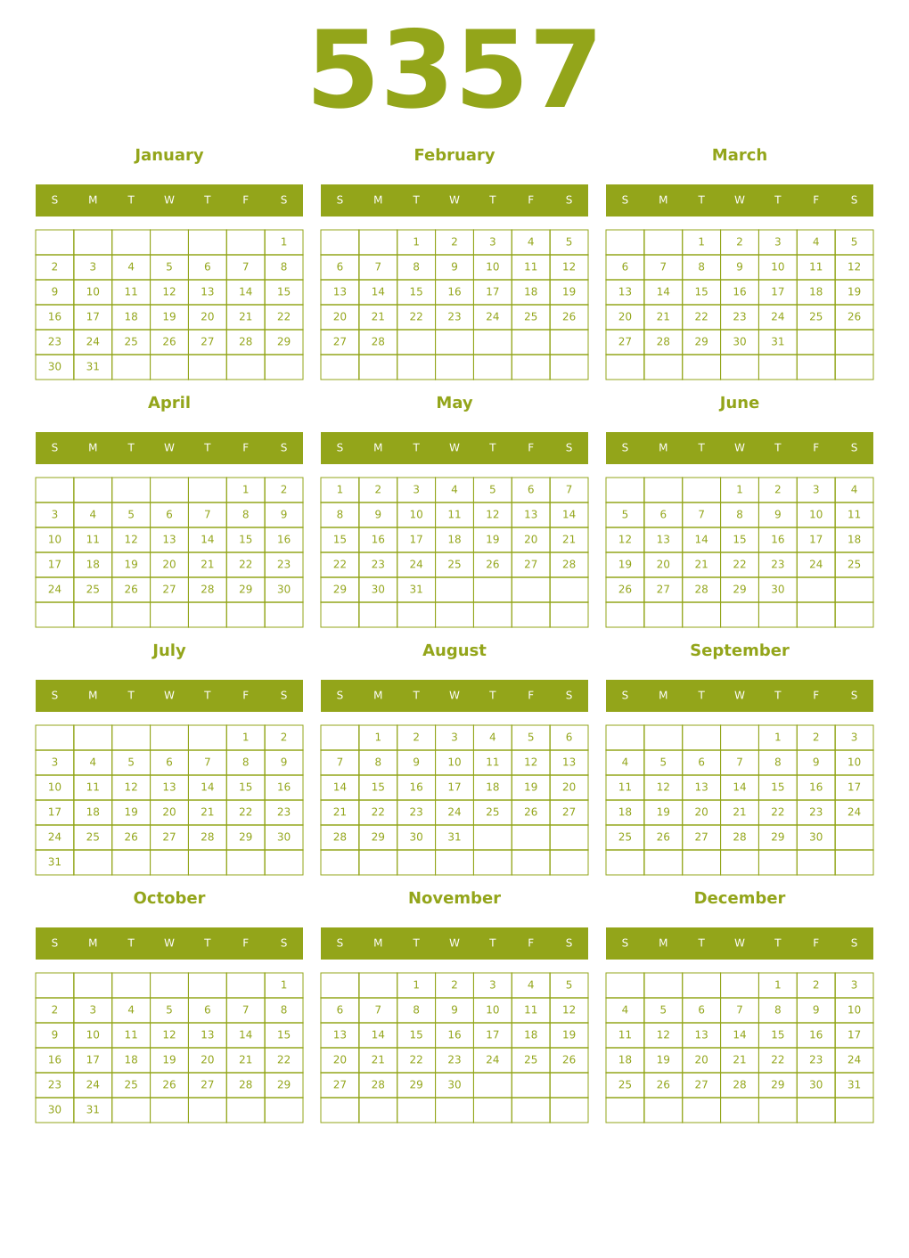 Printable 5357 Year Calendars chartreuse