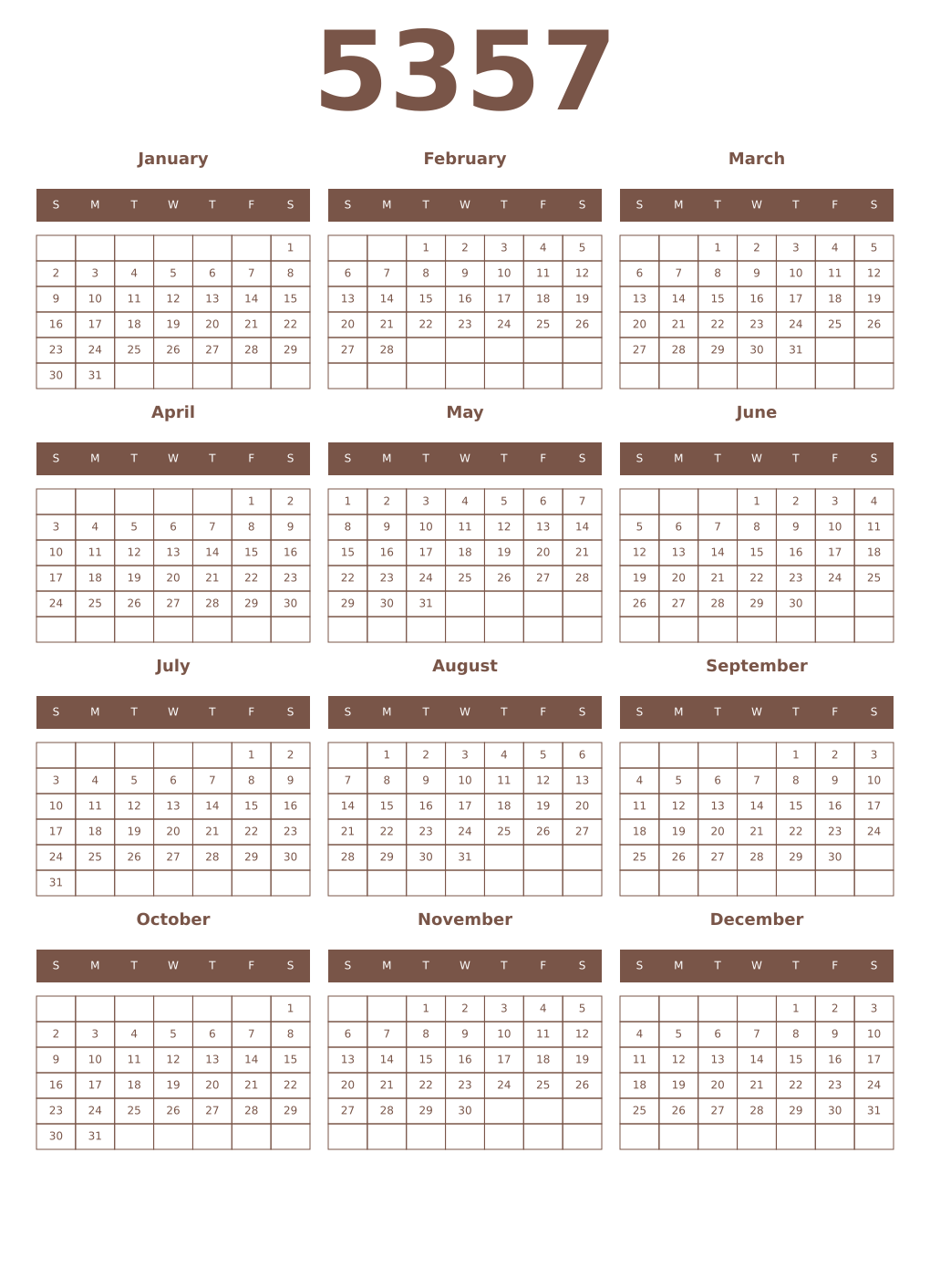 Printable 5357 Year Calendars coffe