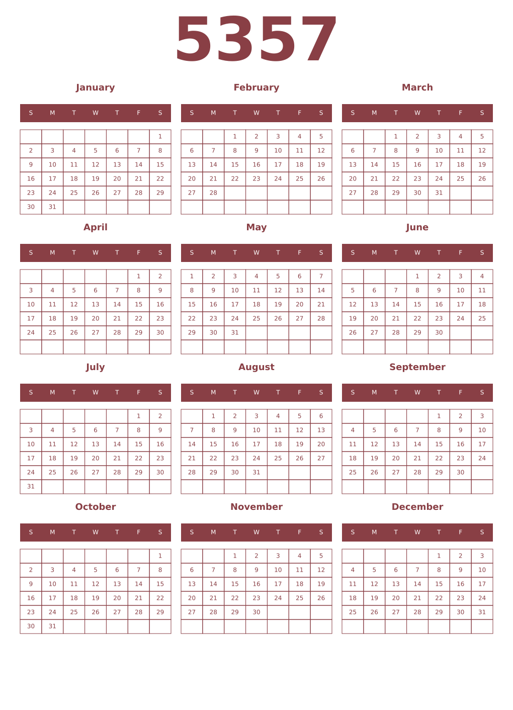 Printable 5357 Year Calendars cordovan