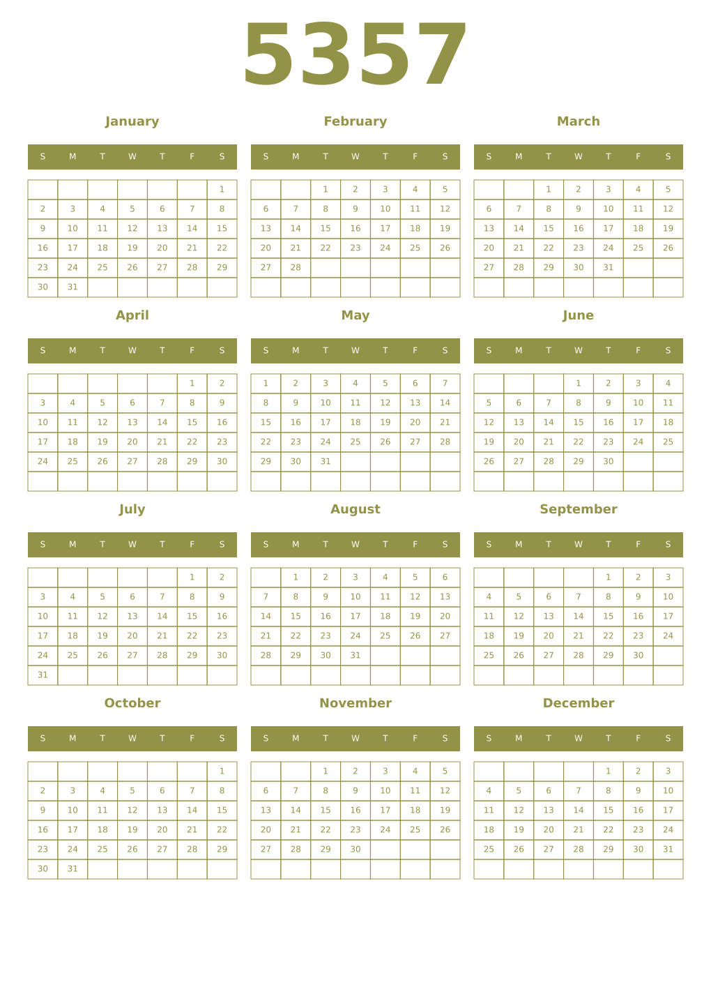 Printable 5357 Year Calendars eburnean