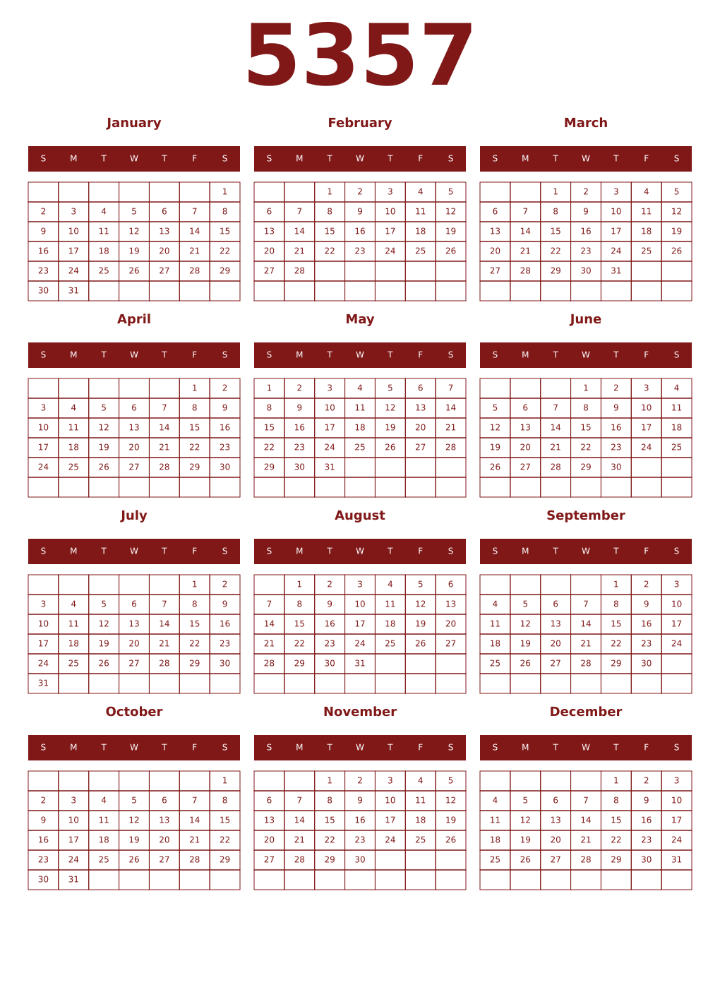 Printable 5357 Year Calendars falu