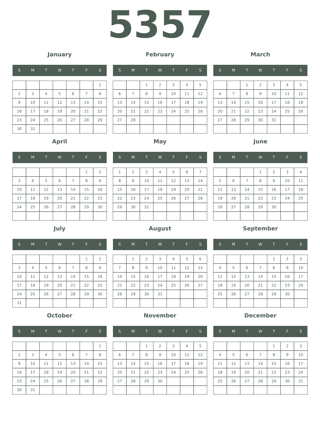 Printable 5357 Year Calendars feldgrau