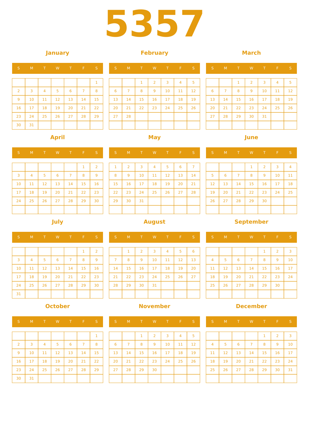 Printable 5357 Year Calendars gamboge