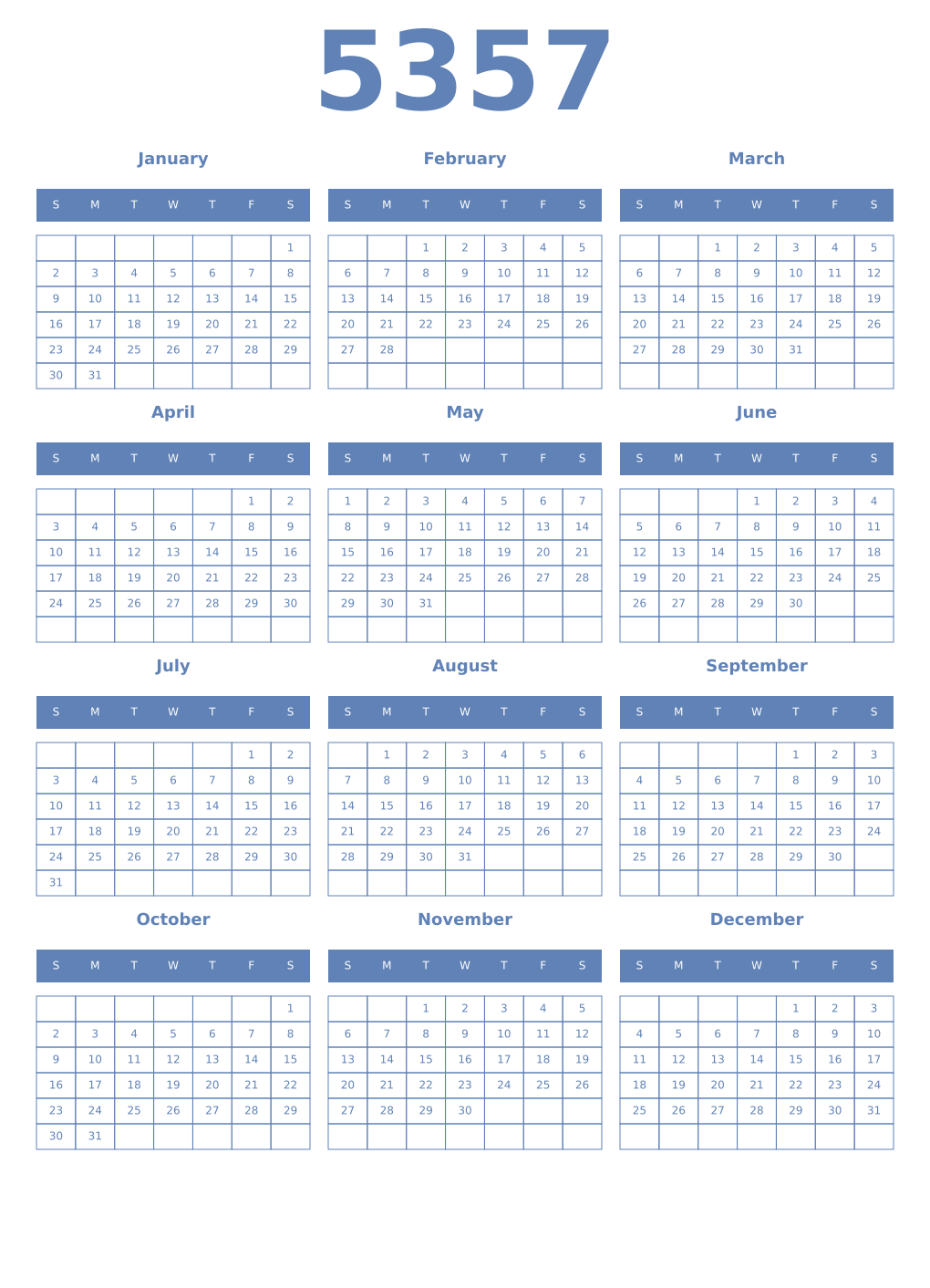 Printable 5357 Year Calendars glaucous
