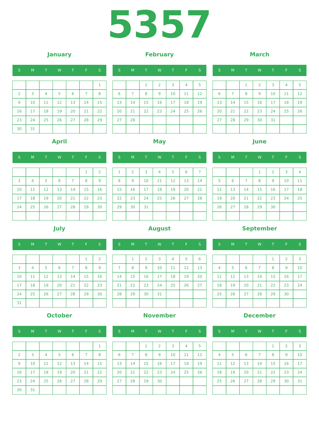 Printable 5357 Year Calendars green