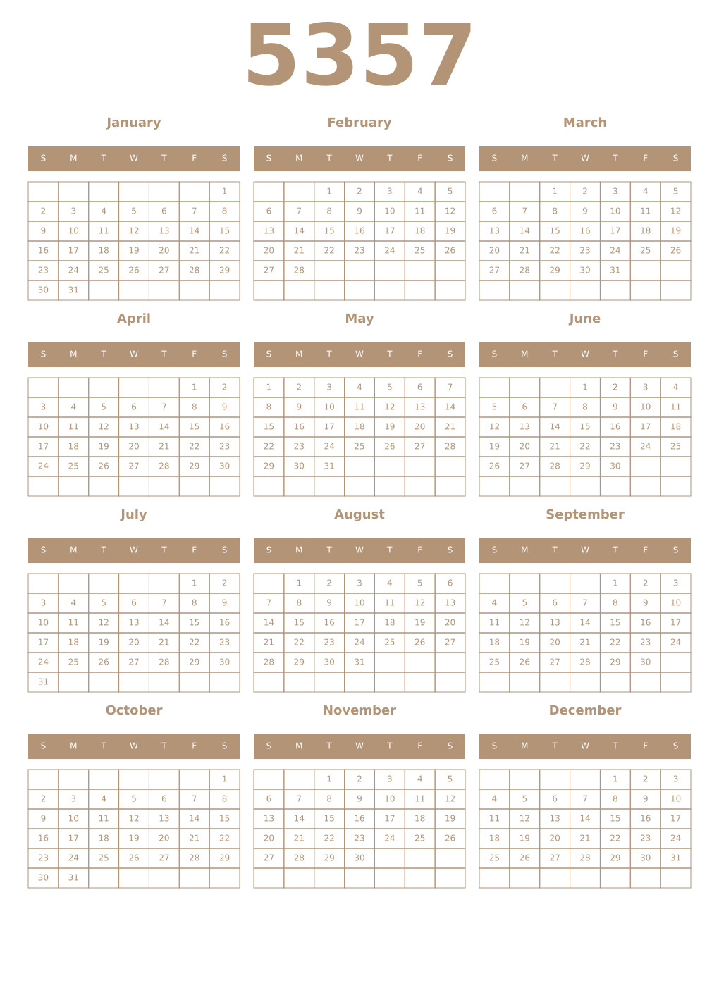 Printable 5357 Year Calendars isabelline
