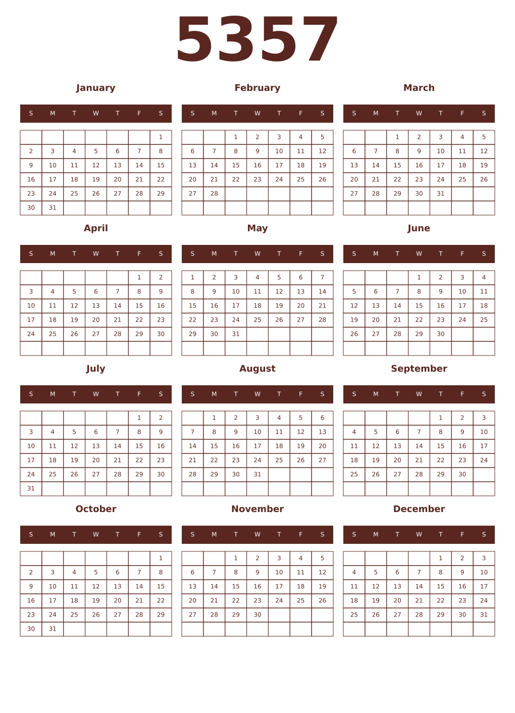 Printable 5357 Year Calendars mortuum