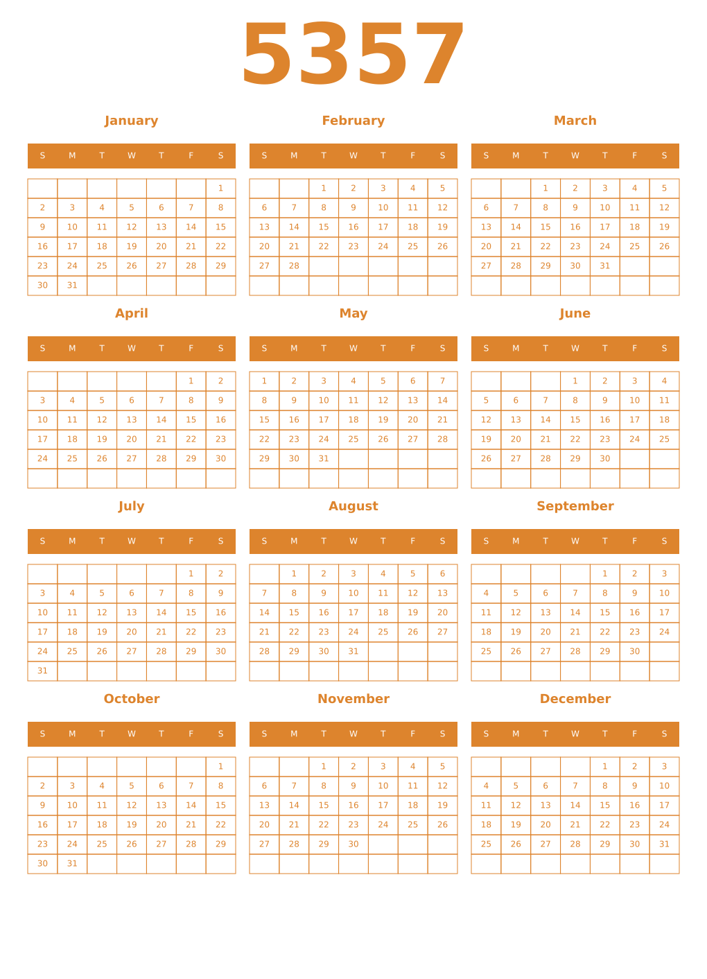Printable 5357 Year Calendars orange