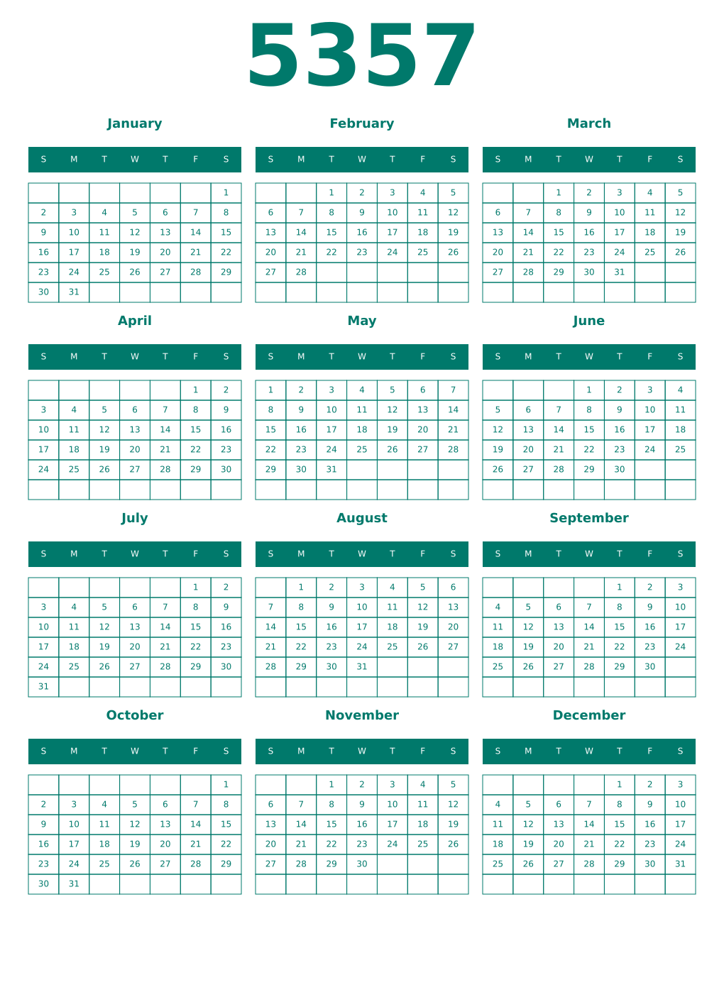 Printable 5357 Year Calendars pastel