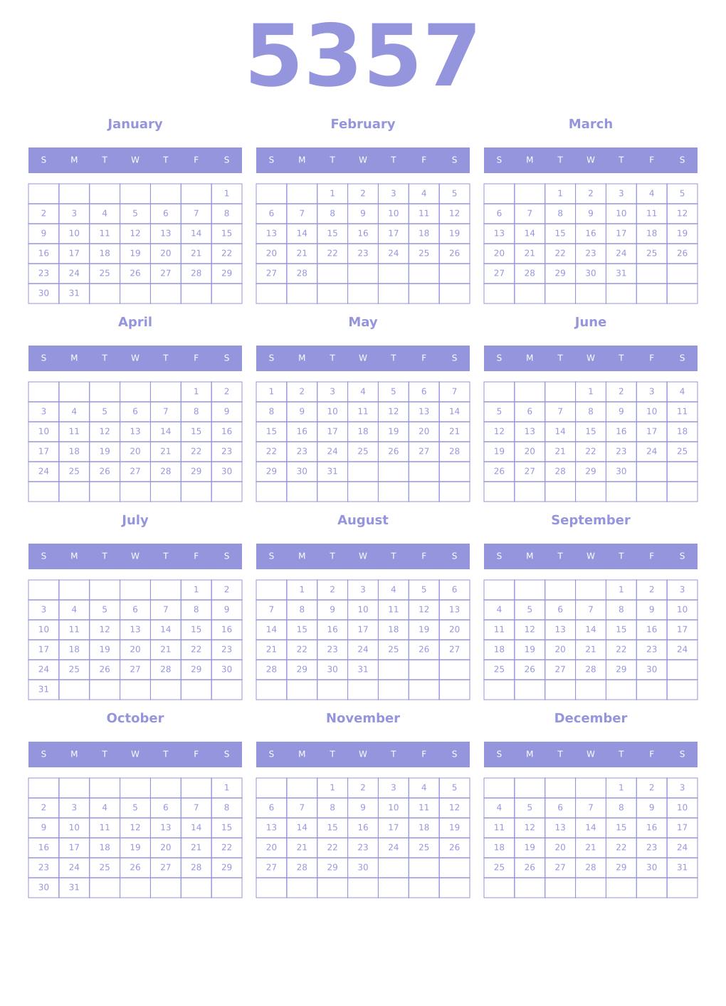 Printable 5357 Year Calendars periwinkle