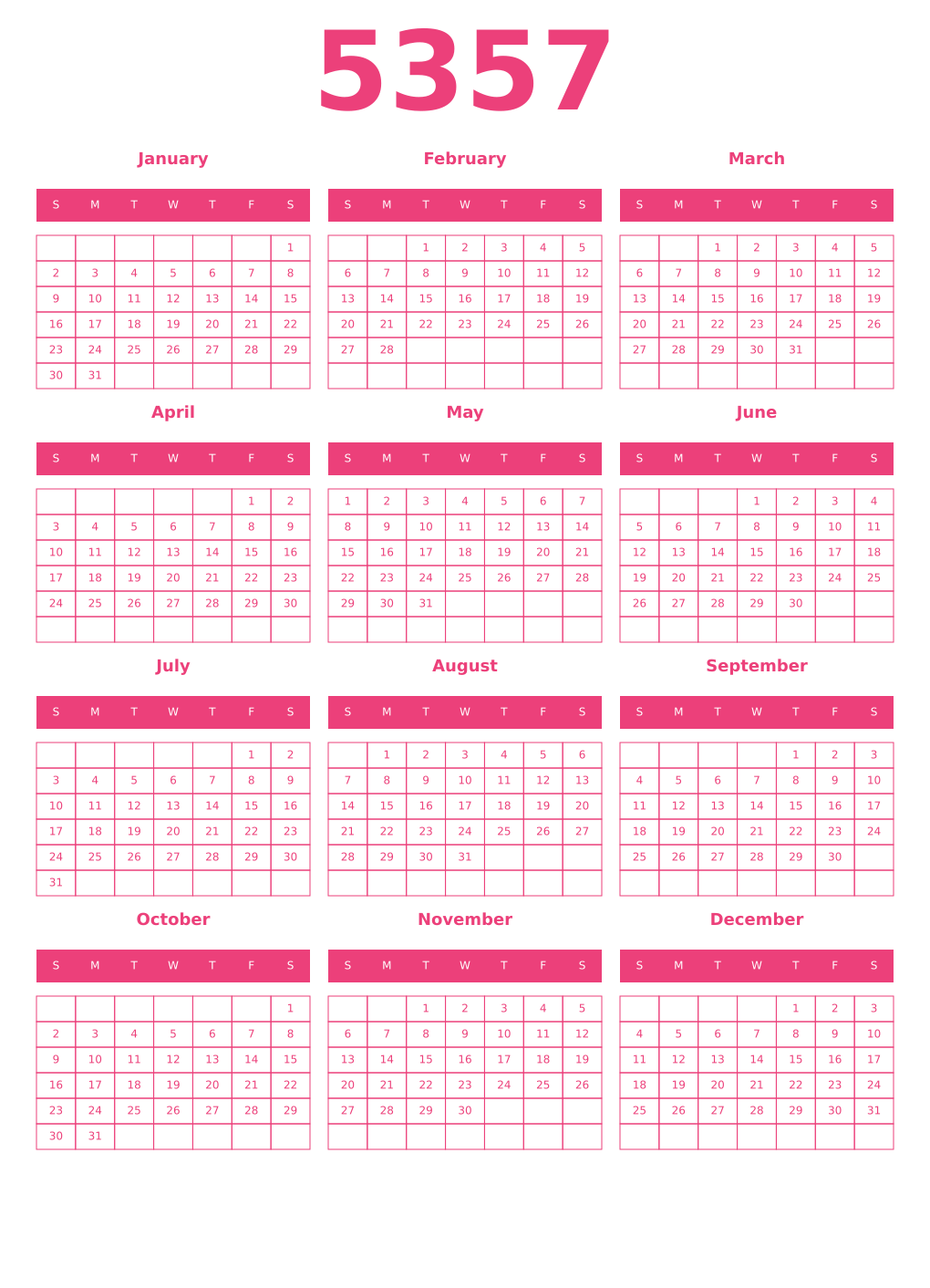 Printable 5357 Year Calendars pink