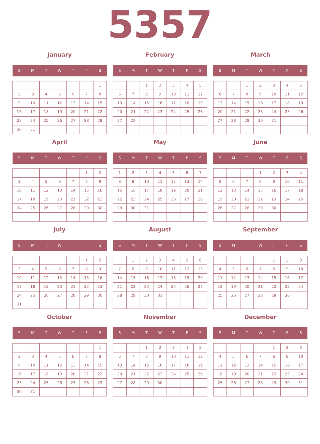 Printable 5357 Year Calendars puce
