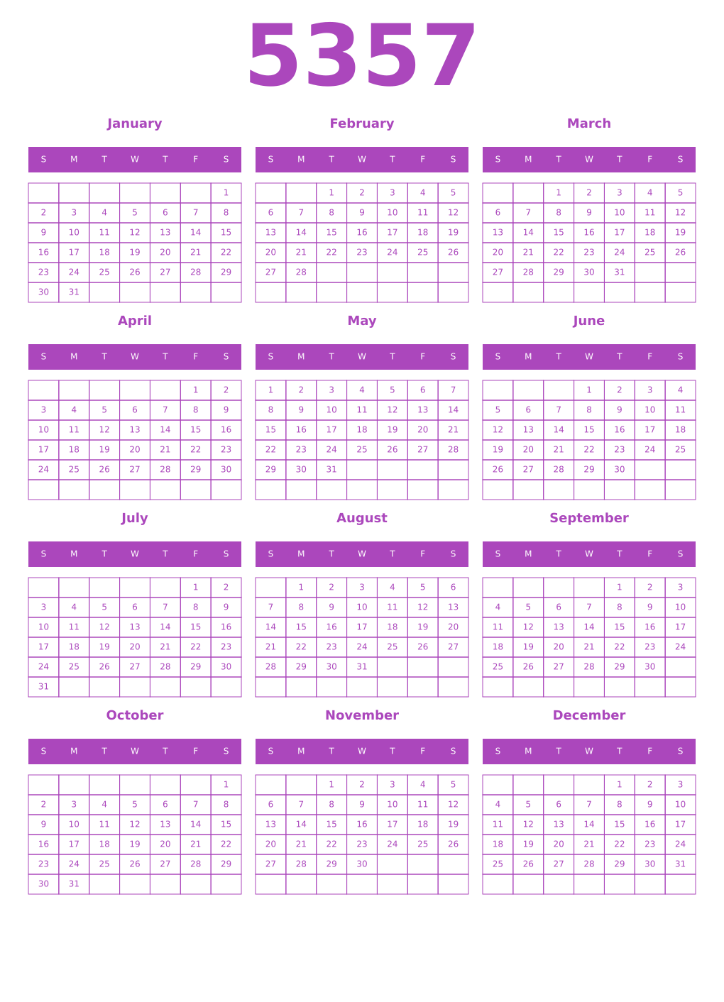 Printable 5357 Year Calendars purple