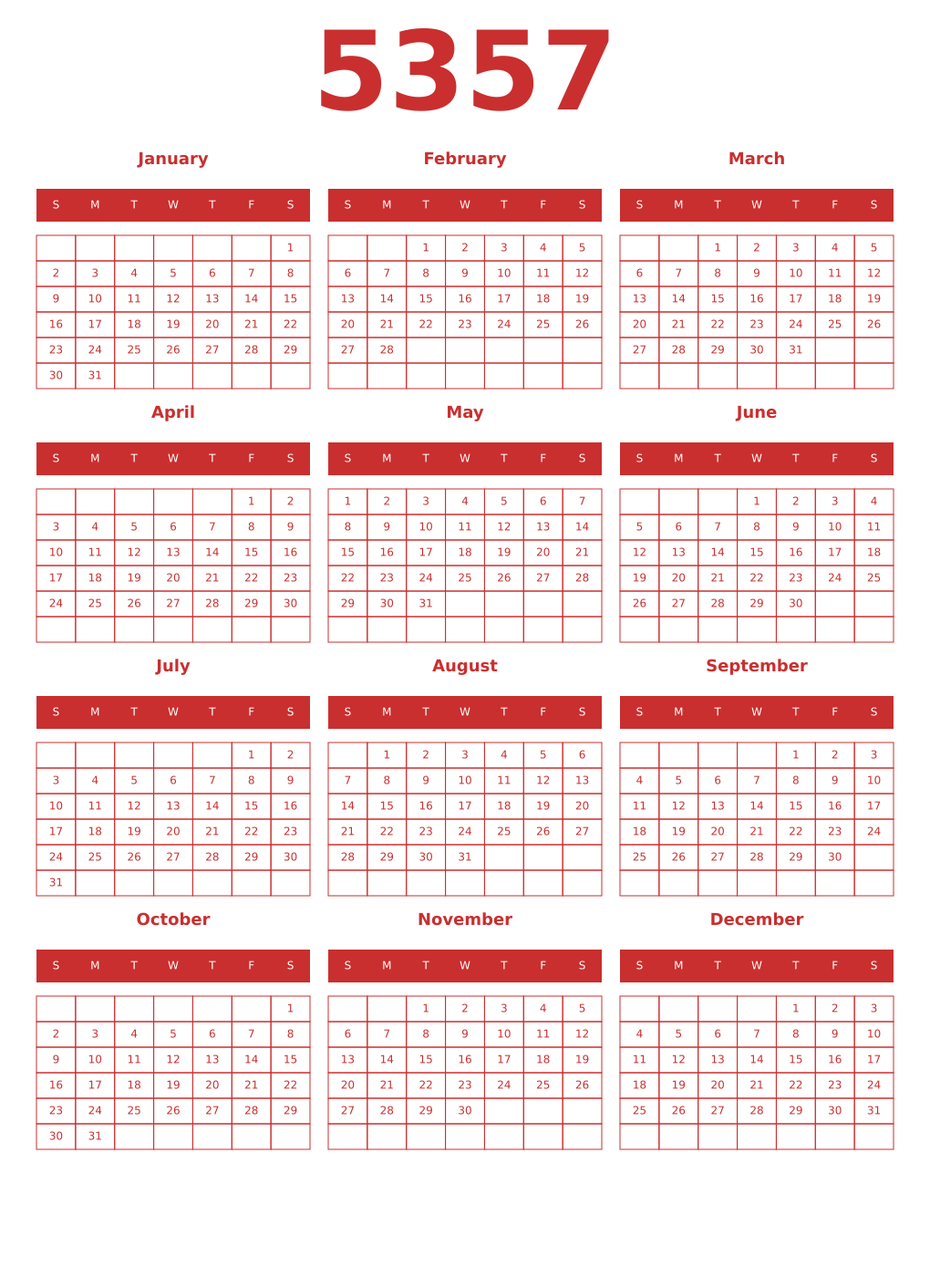 Printable 5357 Year Calendars red