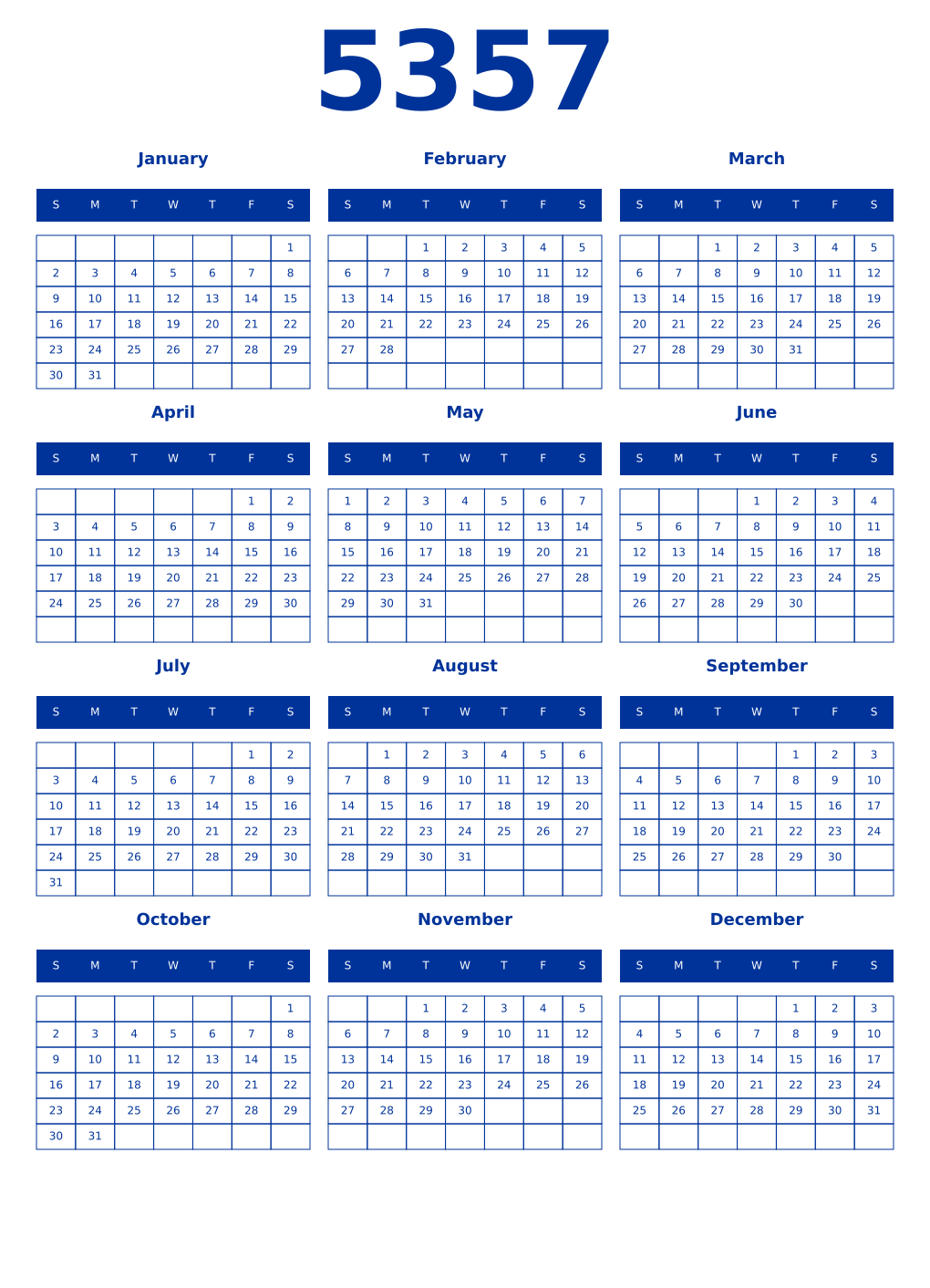 Printable 5357 Year Calendars smalt