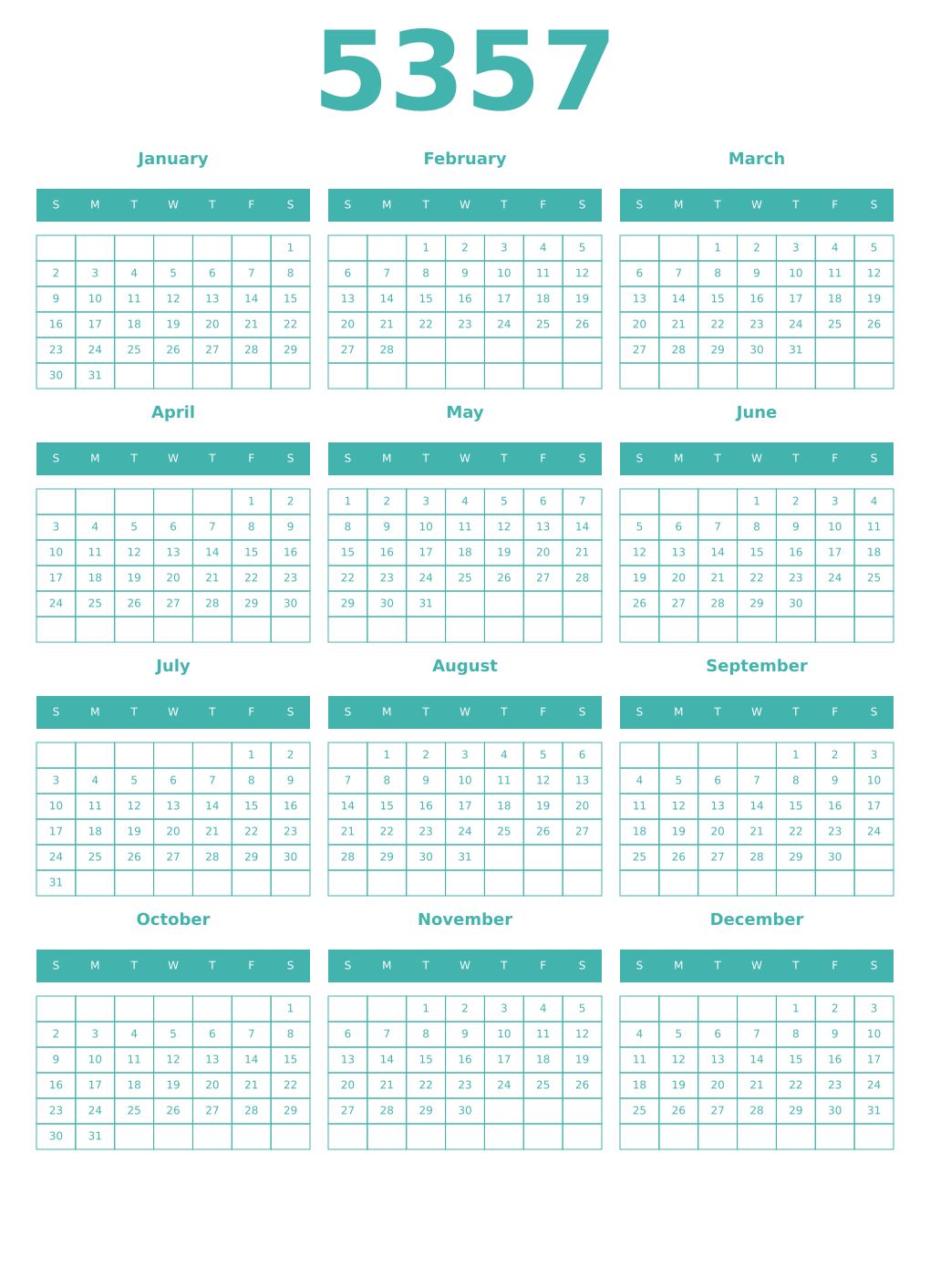 Printable 5357 Year Calendars verdigris