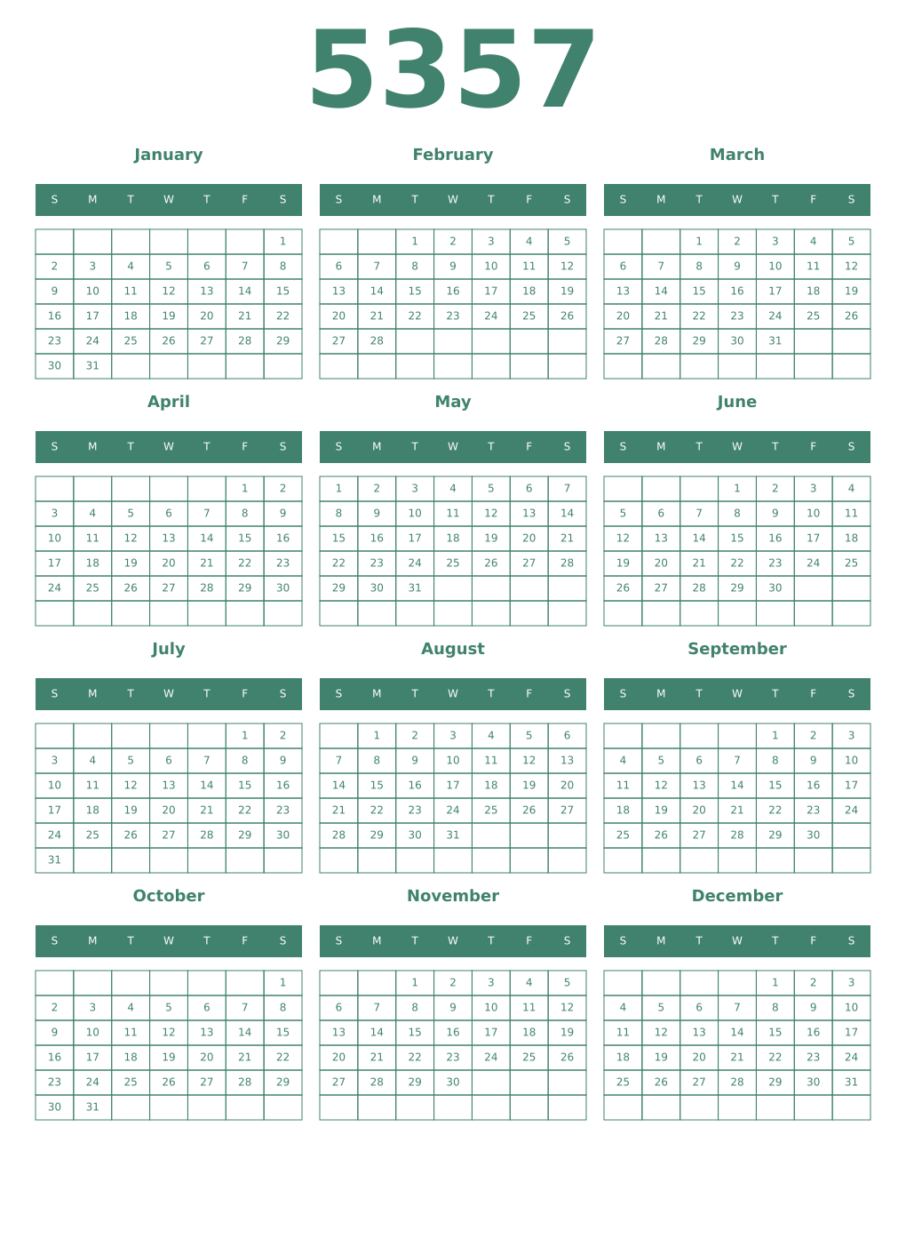 Printable 5357 Year Calendars viridian