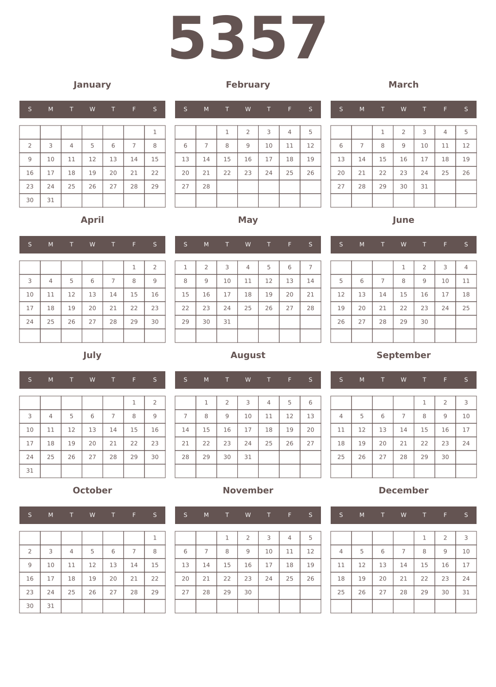 Printable 5357 Year Calendars wenge