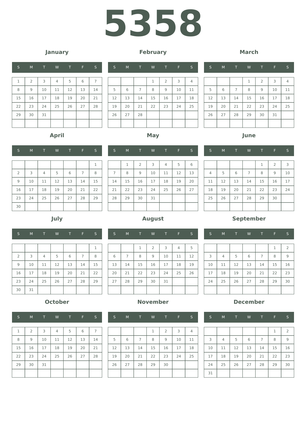 Printable 5358 Year Calendars feldgrau