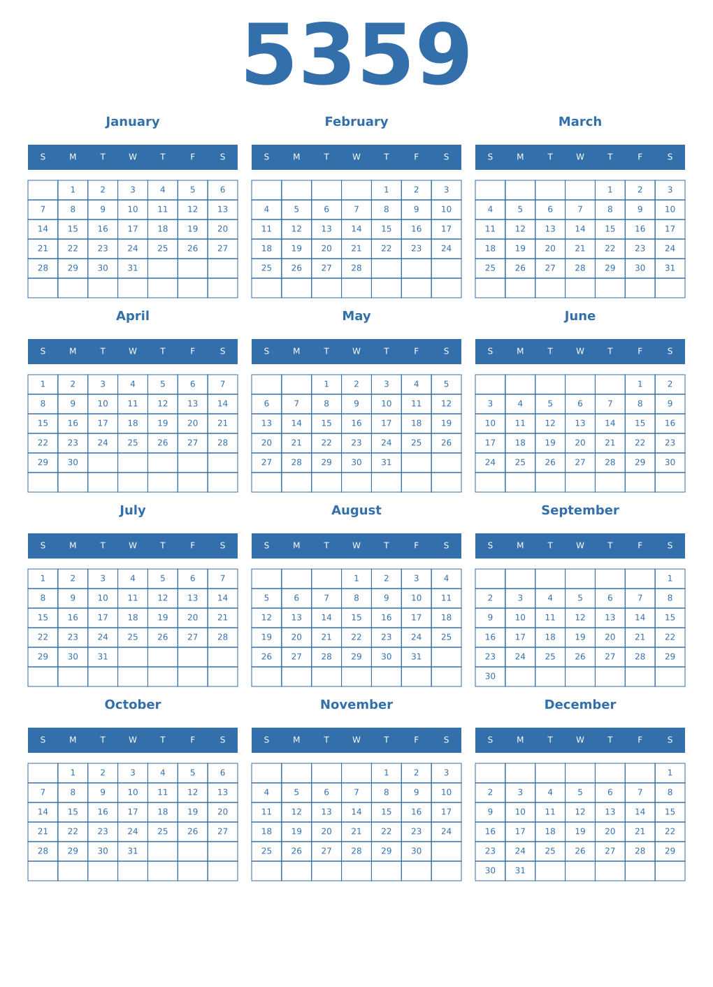 Printable 5359 Year Calendars blue